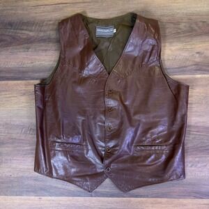 Oakton Ltd Brown Leather Western Vest Mens Size 54 Tall Button Front Biker VNeck